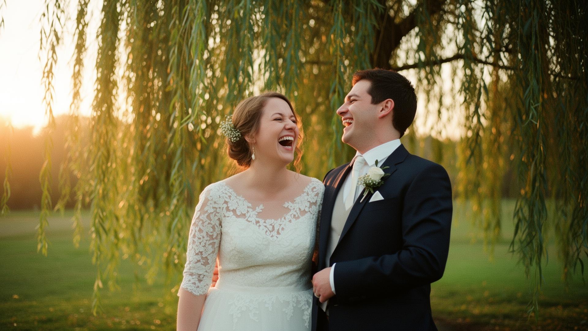 Couple laughing under a willow tree at golden hour